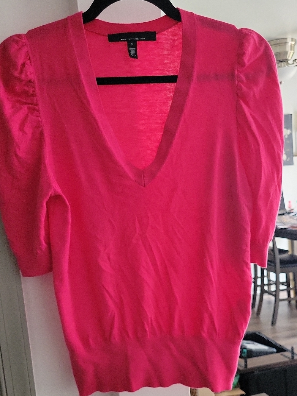 WHBM Women’s V-Neck Puff Sleeve Sweater in Hot Pink